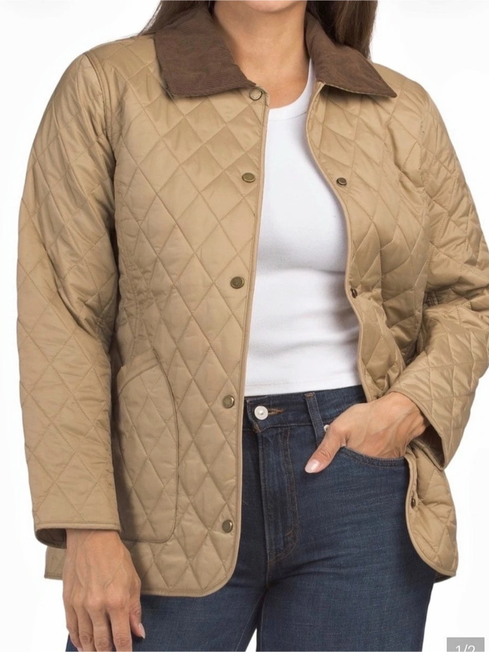 Hunter Quilted Tan Women's Jacket with Brown Corduroy Collar BWT SMALL